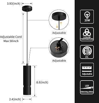 OKELI Pendant Lights Kitchen Island, Dimmable Modern Unique Adjustable Focus Pendant Lighting for Kitchen Island Dining Room, Bedroom,Bar, Black LED Mini Spot Pendant Lights with 20W,3000-6000K(3Pack) [Energy Class F]