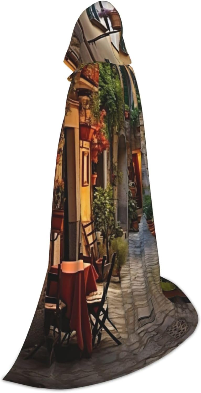 Italian Old Street print Wizard Hooded Robe Medieval Cape Renaissance Cloak for Men Women Halloween Costume