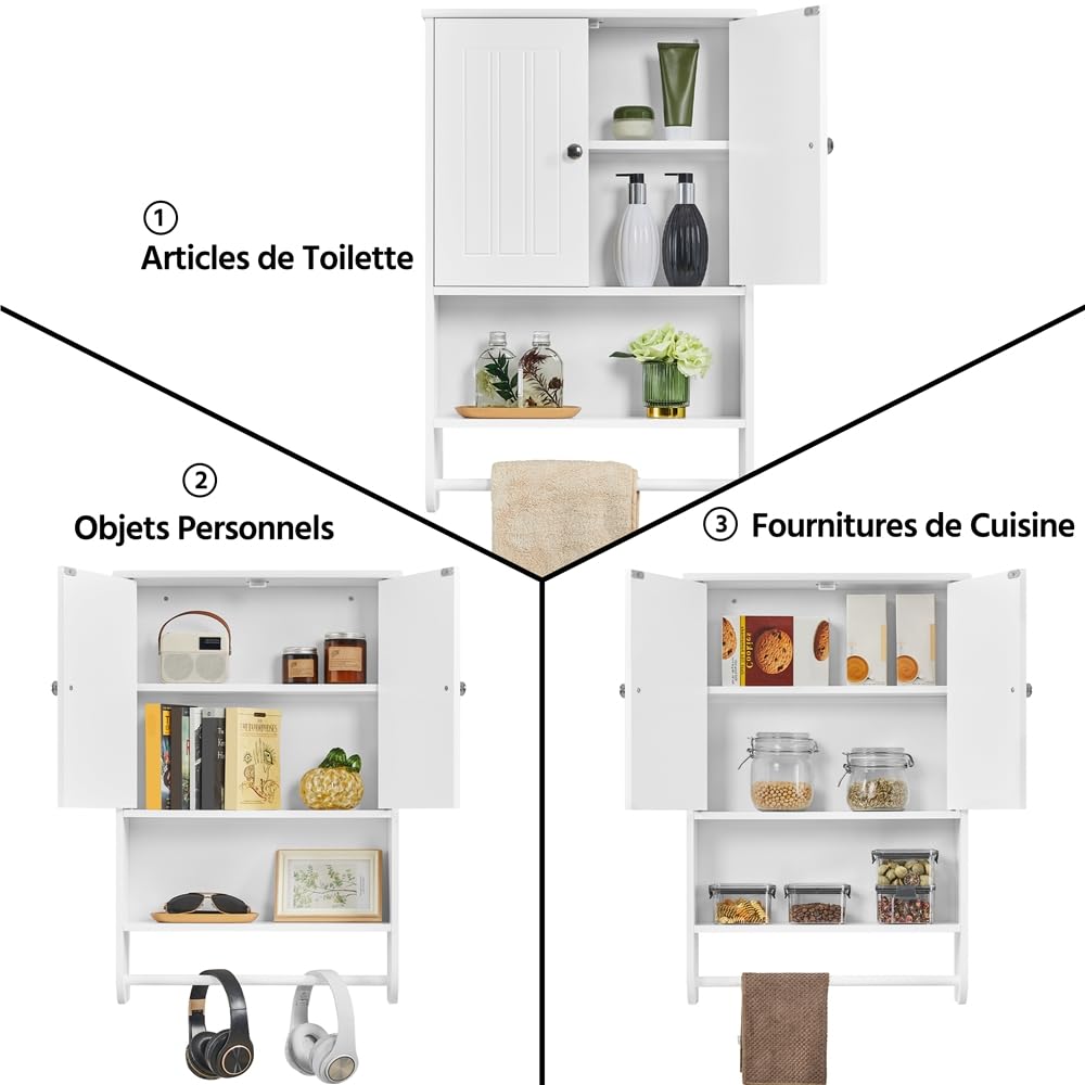 Yaheetech Armoire Murale Suspendus de Salle de Bain 48,5 × 14 × 73 cm, Armoire de Toilette avec Étagère Réglable, 2 Portes/Compartiment Ouvert/Porte-Serviette Blanc