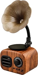 Mini Vintage Gramophone Wireless Speaker, Classic Yellow Wood Grain, Decorative Ornament, Multifunctional Buttons, Portable, 3.7 x 2.8 x 2.4 in, 1200 mAh Battery
