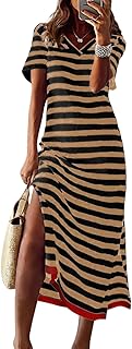Summer Dress Casual Womens Fashion Short Sleeve Maxi Dress T Shirt Dress Striped Long Color Block Maxi Dress - Buy now