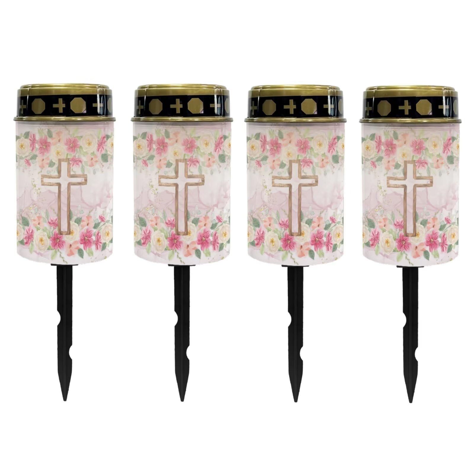 Poceacles Cross Solar Outdoor Lights Solar Grave Lights Solar Cemetery Candles LED Automatic Flameless Candles Cemetery Outdoor Solar Lights for Loss of Dad, Pink Floral Cross, Pack of 4