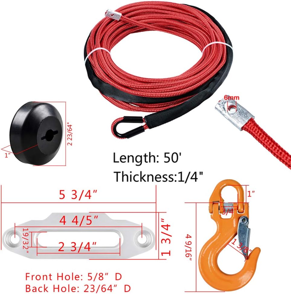 上品 Astra Depot 50フィート X 1 4インチ 赤 7000ポンド Uhmwpe ウインチロープケーブル すべてのヒートガード イエローハーフリンクフックゴムストッパー 4 5インチ 陽極酸化銀ウインチフェアリード 幅 3 4 5cm Cougaropen Com
