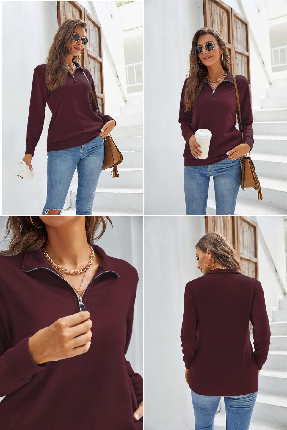 Samefar Womens Warm Cozy High Neck Long Sleeve Solid 1/4 Zip Pullover Sweatshirts with Pockets - Image 4
