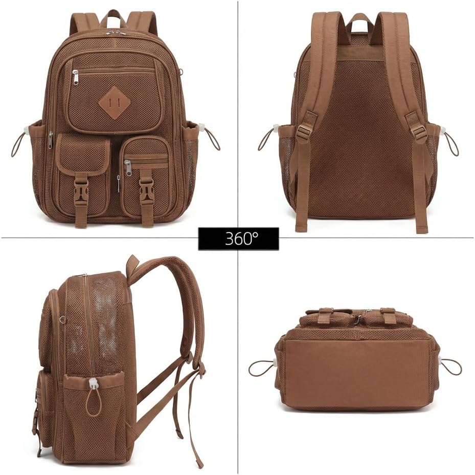 Mesh Backpack for Girls Boys, Women Mesh Bookbags Heavy Duty Semi-Transparent School Bag Net Back Pack for Travel, Beach, Swimming, Work - Coffee