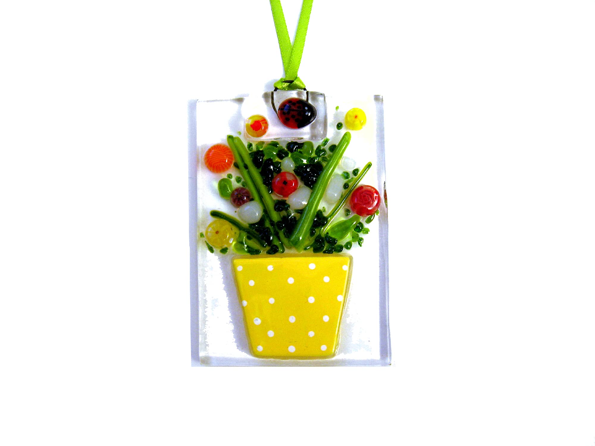 Bunch of fused glass murrine flowers in a yellow polka dot flower pot. Suncatcher, Spring hanging decoration