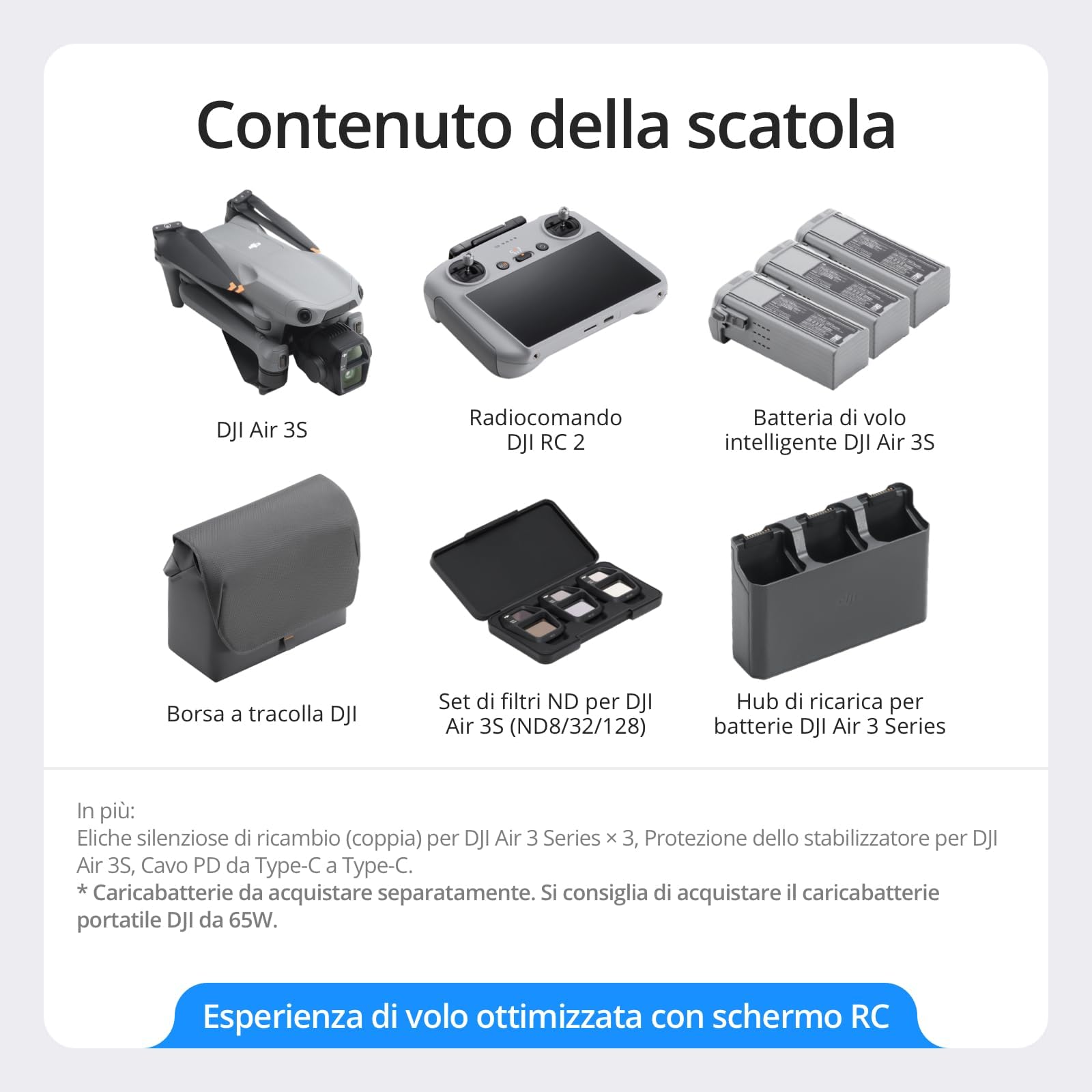 DJI Air 3S Combo Fly More (RC 2 con schermo), drone con fotocamera grandangolare CMOS 1" e teleobiettivo medio per adulti, 4K/60fps, rilevamento omnidirezionale e 3 batterie per volare più a lungo