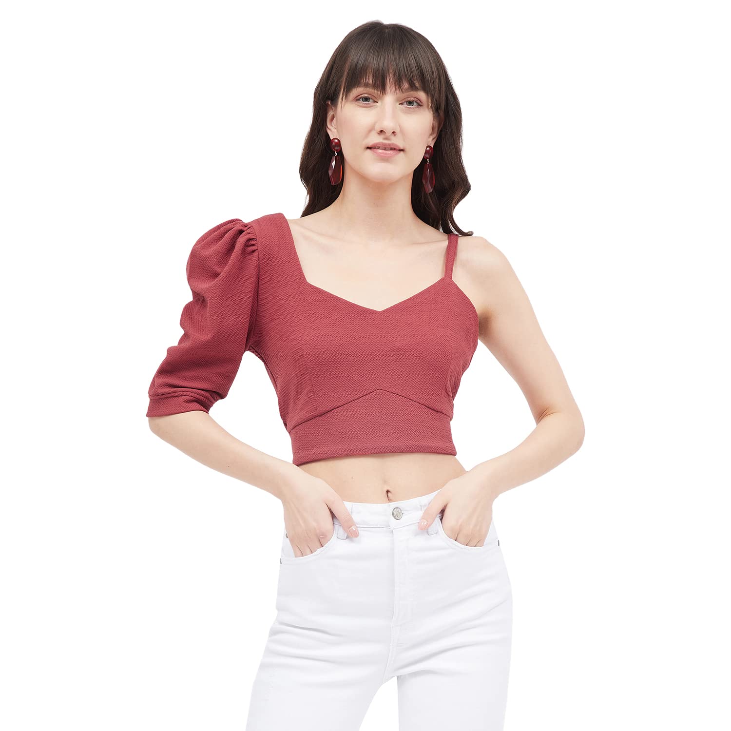 kibo Casual Women's Solid Polyester V Neck Top Light Red-picture-22