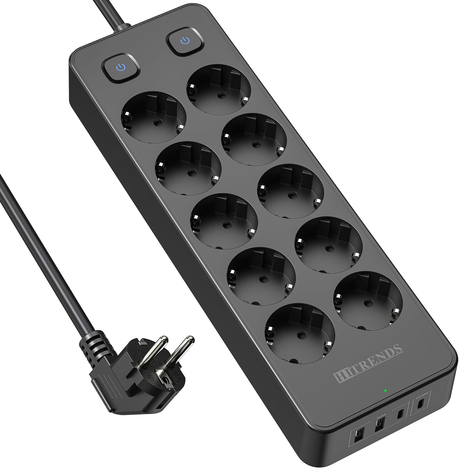 Multipresa con interruttore, Ciabatta 10 prese con protezione da sovratensione, Multipresa con 2 USB-A e 2 USB-C (20 W PD), Ciabatta con cavo da 2 m per casa, ufficio (nero)