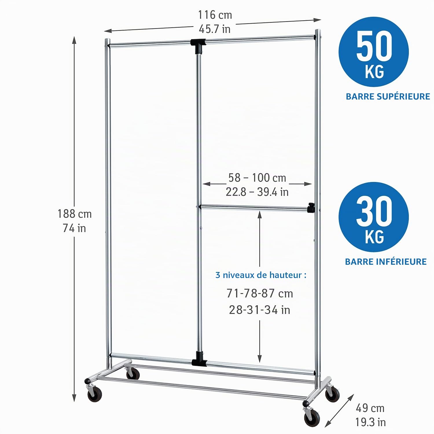 Tatkraft Marvel - Portant Vêtement Solide, avec Roulettes, Acier Chromé | Penderie sur Roues, 80kg Capacité, 45 cintres, 2 Barre Ajustable pour Vêtements Longs et Courts, Portant Robuste 116x49x188cm