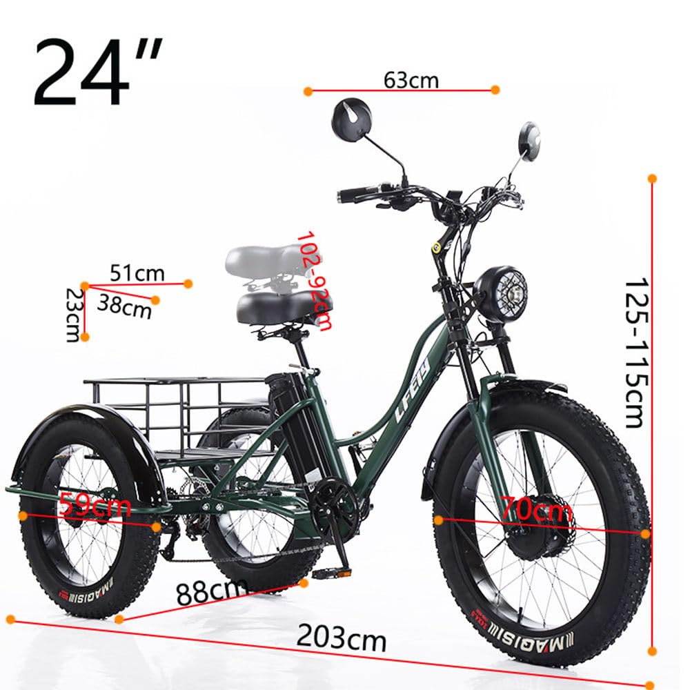 Elektryczny rower trójkołowy dla dorosłych, opony fatbike 24", do użytku w terenie, wspomagany elektrycznie, nośność 200 kg, kosz na bagaż, niebieski, do codziennego użytku i transportu zakupów