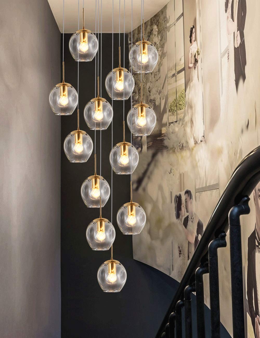 SXECAEPS Modern creative chandelier Glass Balls Staircase Multi Lights Duplex Building Large Pendant Light Villa Hollow Living Room Small Apartment Loft Rotating Long 50x220cm (Color
