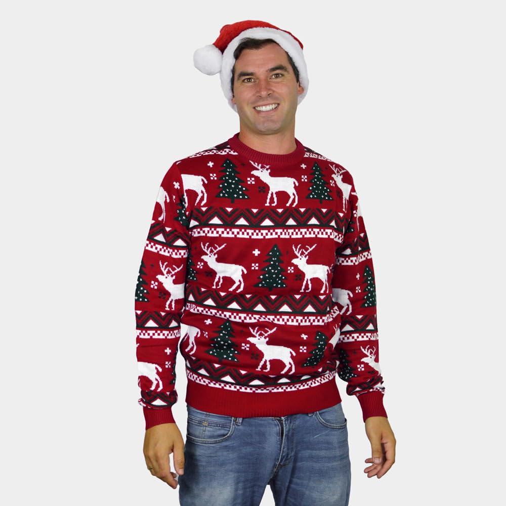 Jersey Navideño Rojo Árboles de Navidad y Renos para Mujer, Hombre y Niños