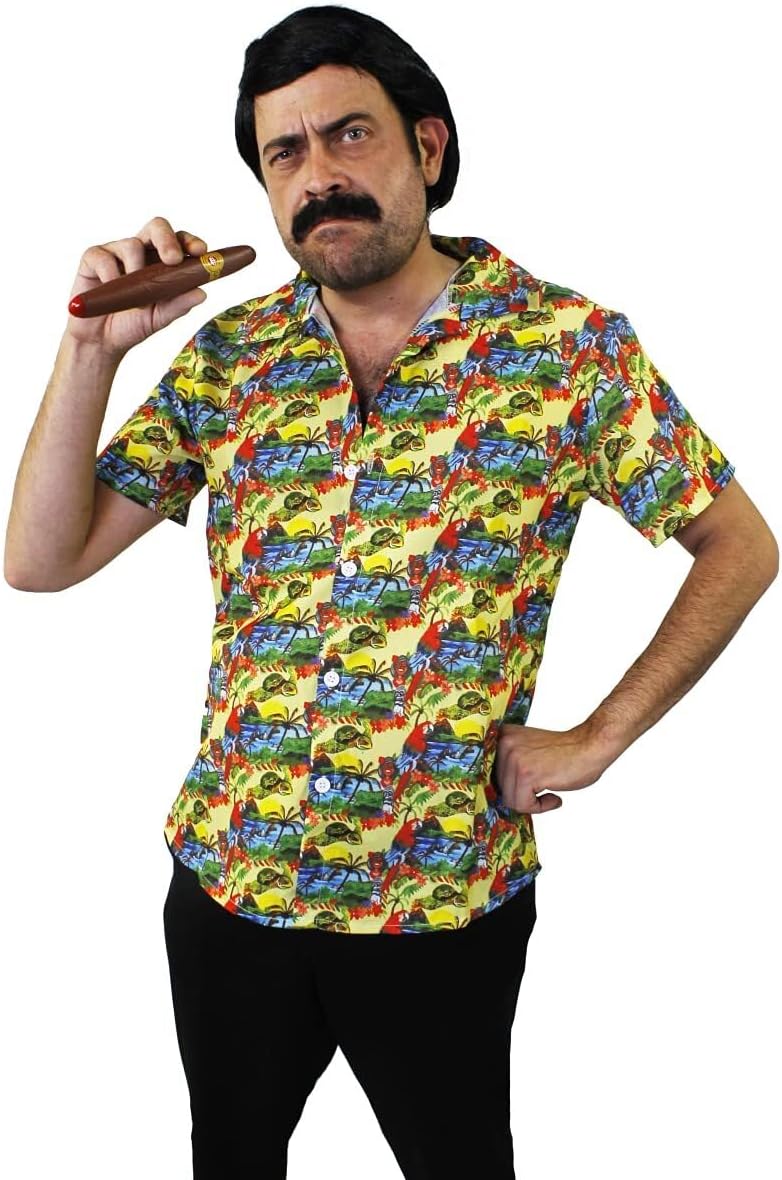 Pabo Escobar Fancy Dress Costume - Yellow Hawaiian Shirt + Wig + Moustache + Cigar- Perfect for TV Films Drug Cartel Documentary Costume