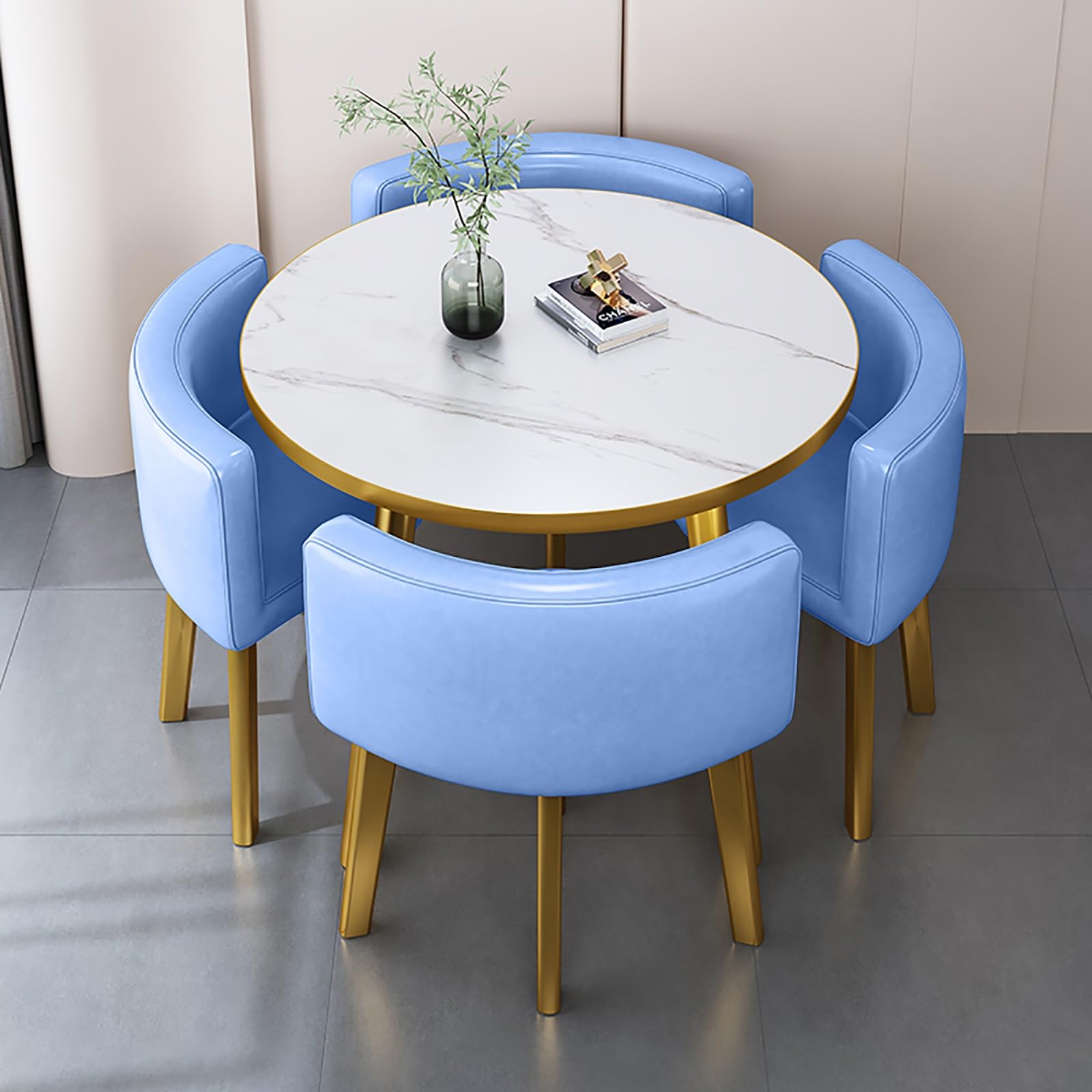 Round Dining Table Set for 4 with Marble Top and Chairs Office Reception Desk and Chair Set Suitable for Lounge Living Room Modern Furniture Dining Set,Sky Blue-Round-Leather