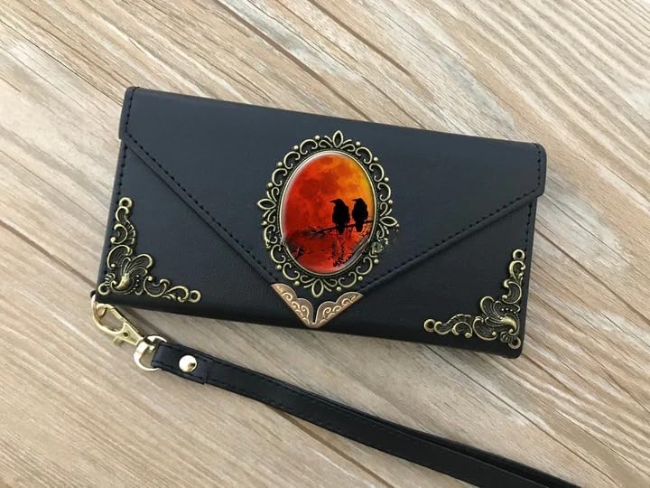 Gothic Bird and Moon Phone Leather Wallet case for iPhone X XS XR 11 12 13 14 15 16 Pro Max Galaxy S24 S23 S22 S21 S20 Ultra S10 S9 Note 20 8 9 10 Plus Mn2189 Black