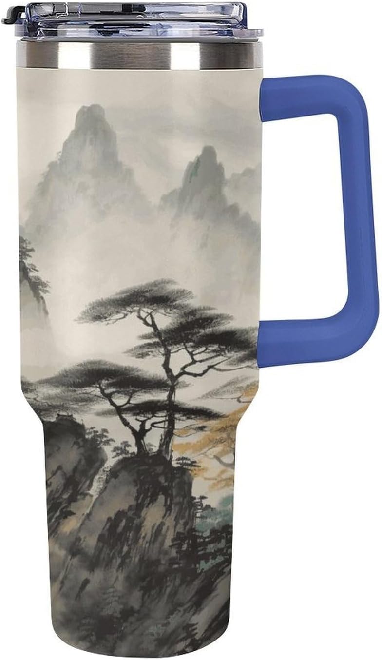 40 Oz Insulated Mug with Handle, Stainless Steel Chinese Landscape Painting Printed Travel Mug Portable Leak-proof Large Car Mug for Home, Office Or Car