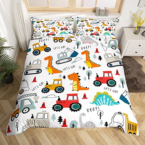 Loussiesd Dinos Bed Linen Set 135 x 200 cm Children's Construction Digger Bed Linen Jungle Dinosaur Equipment Truck Duvet Cover Set Dino Bedding Set Construction Tractor Crane for Teenagers Girls Room