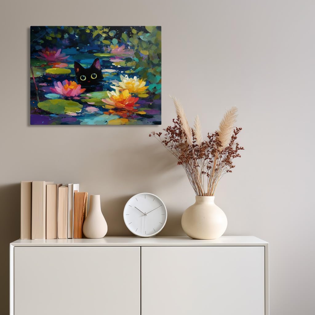 GDSRGXC Cute Black Cat Canvas Wall Art Print, Colorful Water Lily Pond Painting Modern Impressionist Style Home Decor for Living Room Bathroom Kid's Room (16''x24'')
