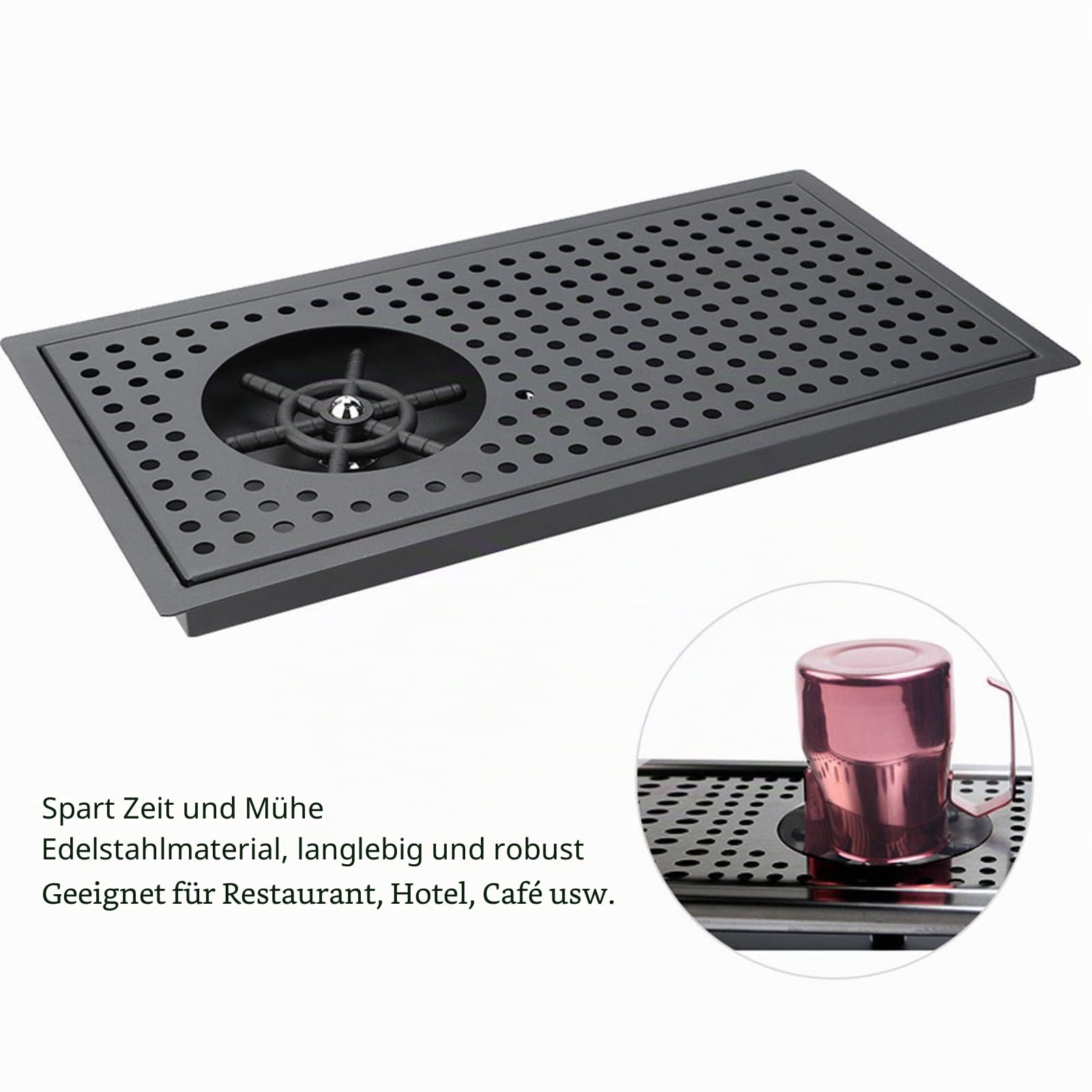 Pitcher Rinser Cup Waschmaschine Glasreinigung Rinser Edelstahl mit Mehrwinkelsprays, Ablauf- und Tropfschale für Bar Coffee Shop 425 × 225 × 75 MM