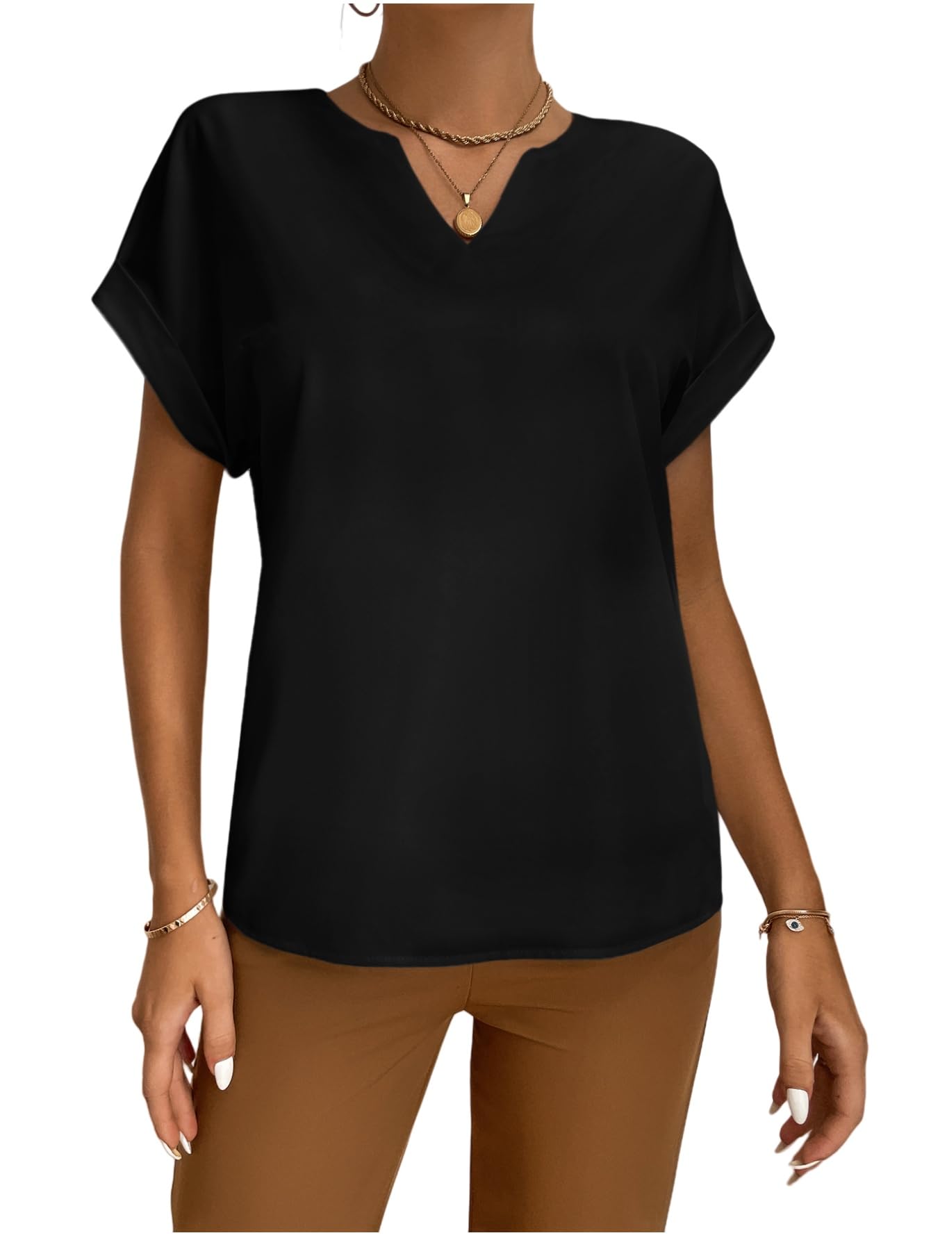 Floerns Blusa casual de seda satinada de manga corta para mujer