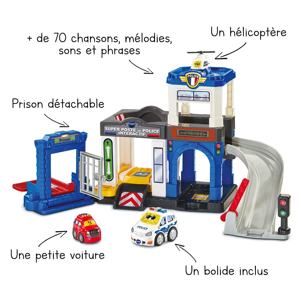 VTech - Tut Tut Bolides Série Pro, Super Poste de Police Interactif avec Voiture Chris Lieutenant de Police, Circuit Voitures, 3 Zones Magiques, Cadeau Enfant de 2 Ans à 6 Ans - Contenu en Français