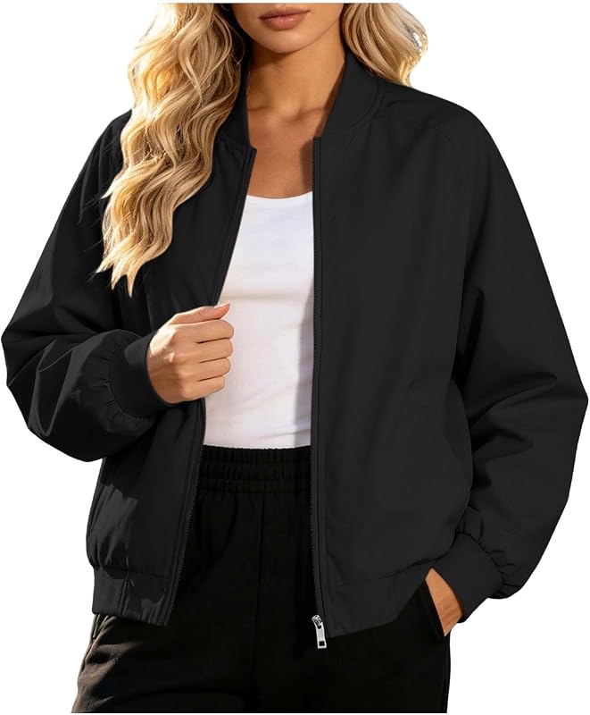 Womens Bomber Jacket Zip Up Comfy Coat Outdoor Casual Work Outfit