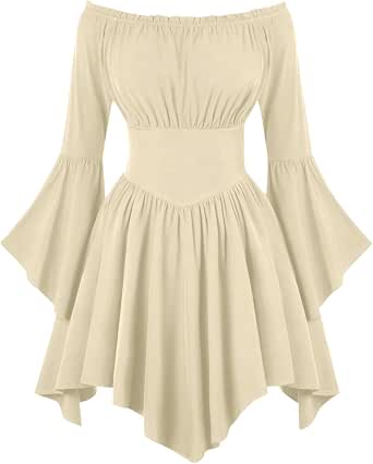Robe Victorienne Renaissance Femme Épaules Dénudées - Manches Cloches Volants Haute-Basse - Costume Médiéval & Fée