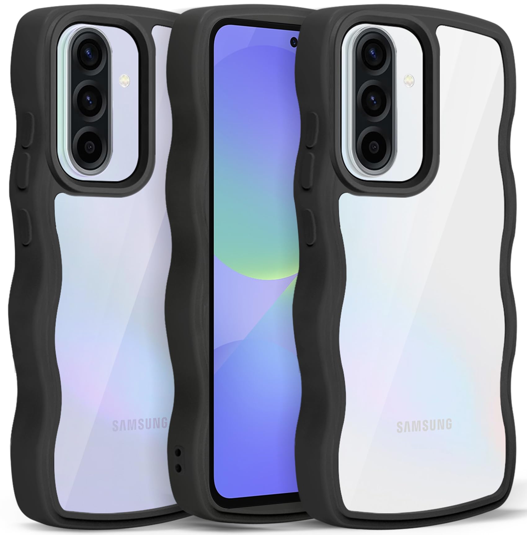 Galaxy A36 5G /A56 用 ケース/SC-54F 用 ケース クリア ウェーブ おしゃれ 韓国 かわいい 可愛い ギャラクシーA36 /A56 用 スマホケース 人気 滑り止め 薄型 軽量 耐衝撃 ストラップホール付き シリコン 透明(ブラック)