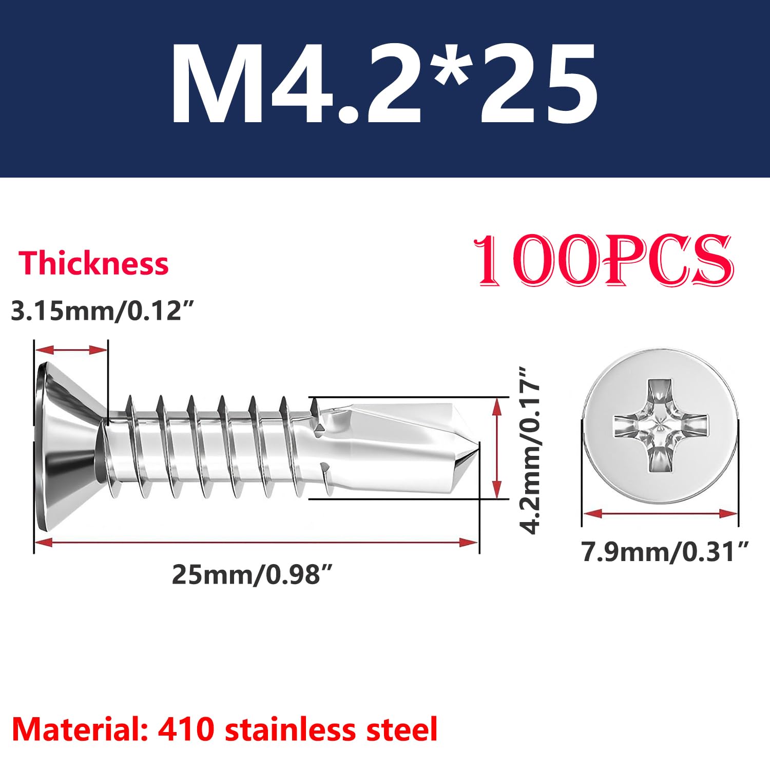 Ctyjia 100Pcs Self Drilling Screws, Cross Countersunk Drill Tail Self Tapping Screws, Stainless Steel, for Thin Metal Wood - Image 2