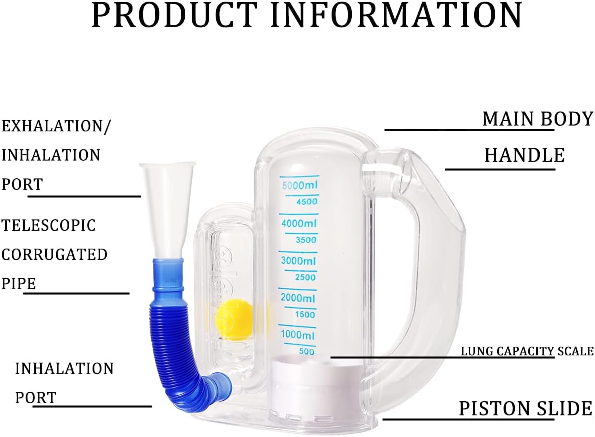 Breathing Exercise Device for Lungs, Deep Breathing Trainer for Adults with Flow Rate Indicator- Incentive Spirometer 5000ml Volume Measurement