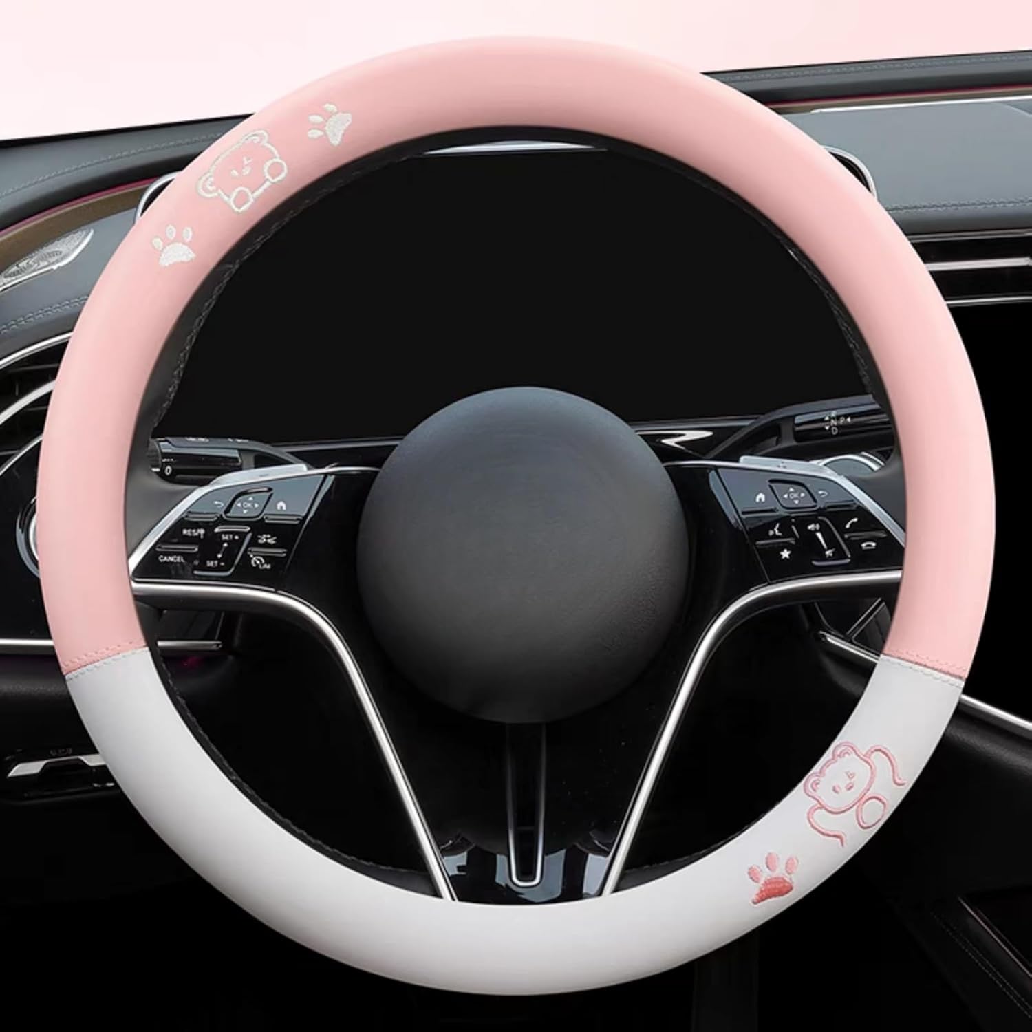 15 Inches Universal Round Leather Car Steering Wheel Cover, Cute Bear Soft Breathable Non-Slip Steering Wheel Protector Wrap (Pink-Black)