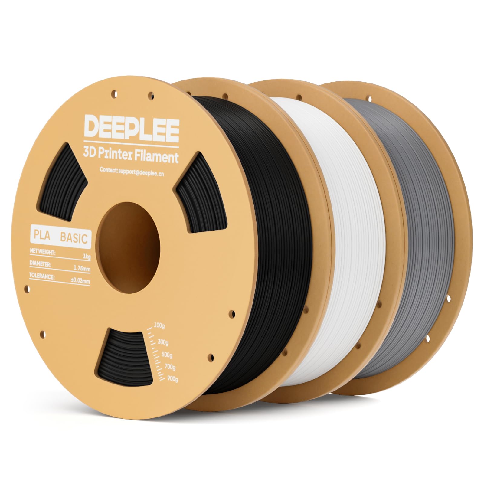 DEEPLEE PLA Basic Filamento 1.75mm, Precisione ±0.02mm, Avvolto Perfettamente Antiostruzione, per la Maggior Parte delle Stampanti FDM, Nero/Bianco/Grigio 3KG
