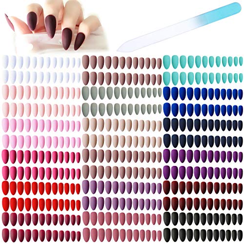 432Pieces Matte Medium Pure Color Stiletto False Nails 18 Colors Almond Nail Tips Kit Artificial Fake nails Full Cover Fingernails with One Crystal Nail File for Nail Art Salon DIY Decoration(Stiletto-Matte18)