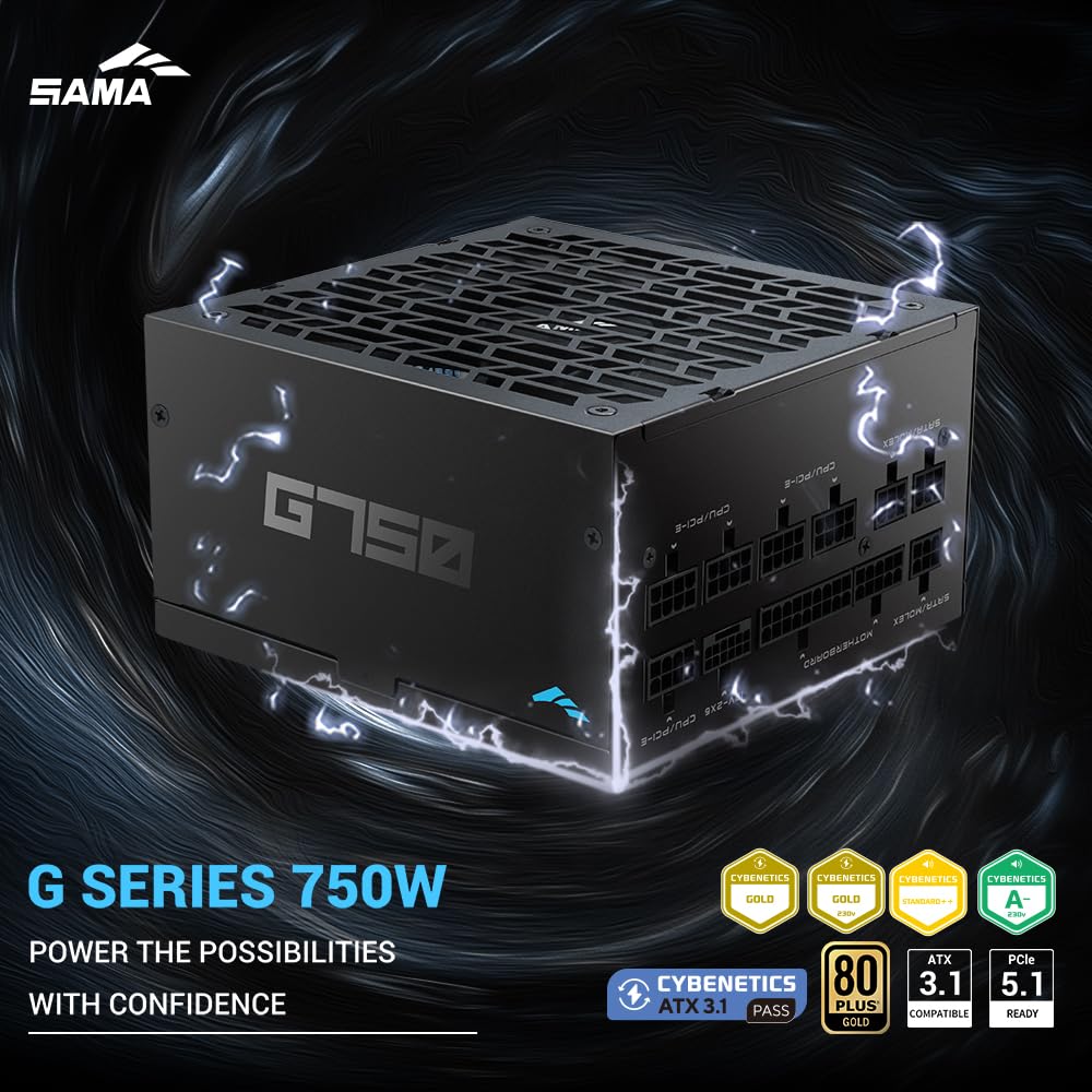 Zasilacz SAMA G750 750W Gold, ATX 3.1, PCIe 5.1, w pełni modularny, czarny | Zasilacz gamingowy z certyfikatem 80 Plus Gold i Cybenetics, japońskie kondensatory, cichy wentylator 140 mm FDB, tryb ECO