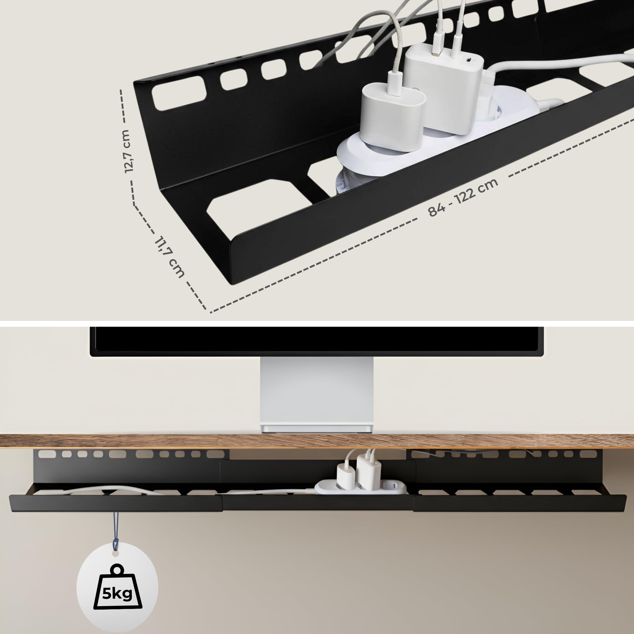 2GOODz Kabelkanal Schreibtisch, geneigt/ausziehbar 84–122 cm | leichter Zugang - einfache Montage, stabiler Stahl, incl. Zubehör
