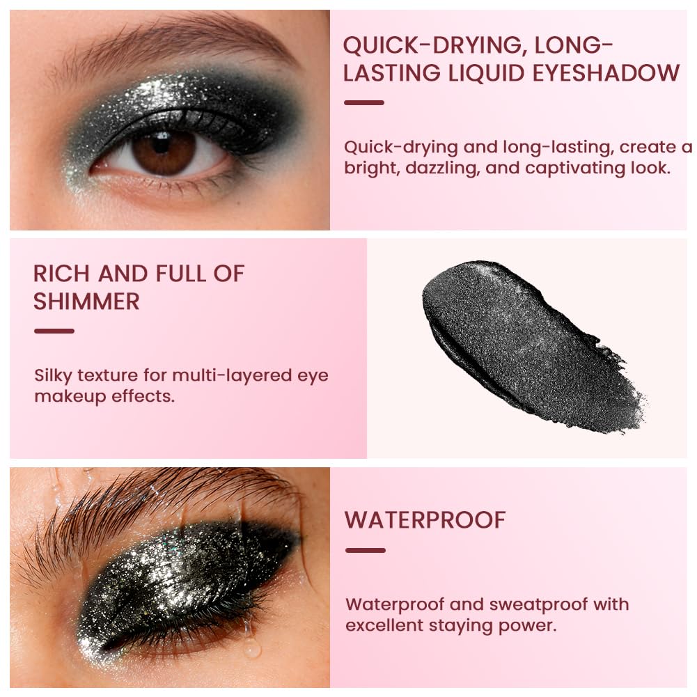 Sombra de Ojos liquida, Sombra de Ojos Liquida Negra, Eyeshadow Perlada Brillante, Somb-ra de Ojo-s Líqui-da Pigmentada Maquillaje, Resistente Agua, para Todos Los Tonos Piel, Negra — view 4