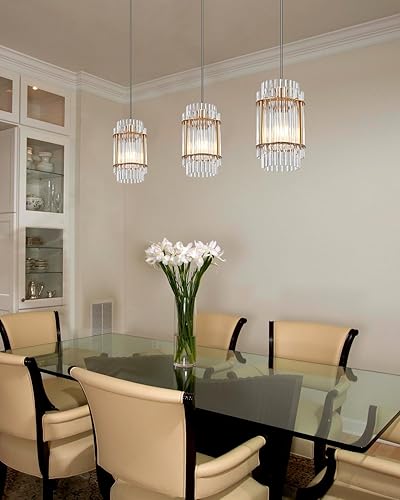 Miniatura 8 de Paquete de 3 luces colgantes colgantes para isla de cocina, moderna lámpara de cristal de metal dorado para cocina, comedor, vestíbulo, pasillo,