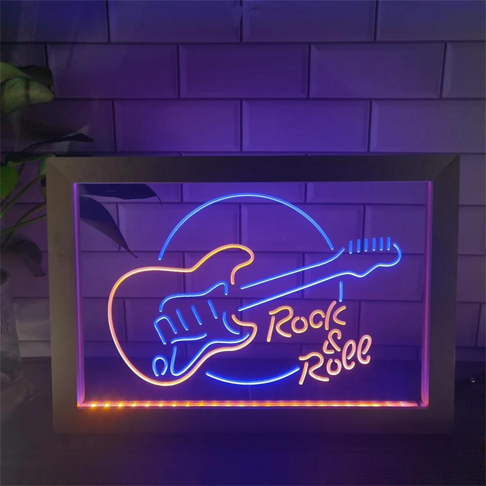 Insegne al neon a LED rock & roll, luci al neon personalizzate alimentate tramite USB con cornice per foto in legno, per la decorazione dell'attenuazione della banda di chitarre,Blue yellow,32x22cm