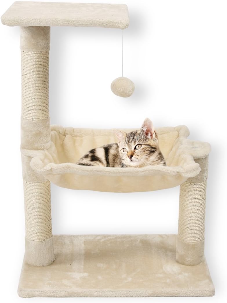 FirstWell Cat Trees - Kitty Bed Furniture, Kitten Climb Stand, with Perch, Natural Sisal Ropes Scratching Post, Hanging Toy, 27.6 Inches, Beige