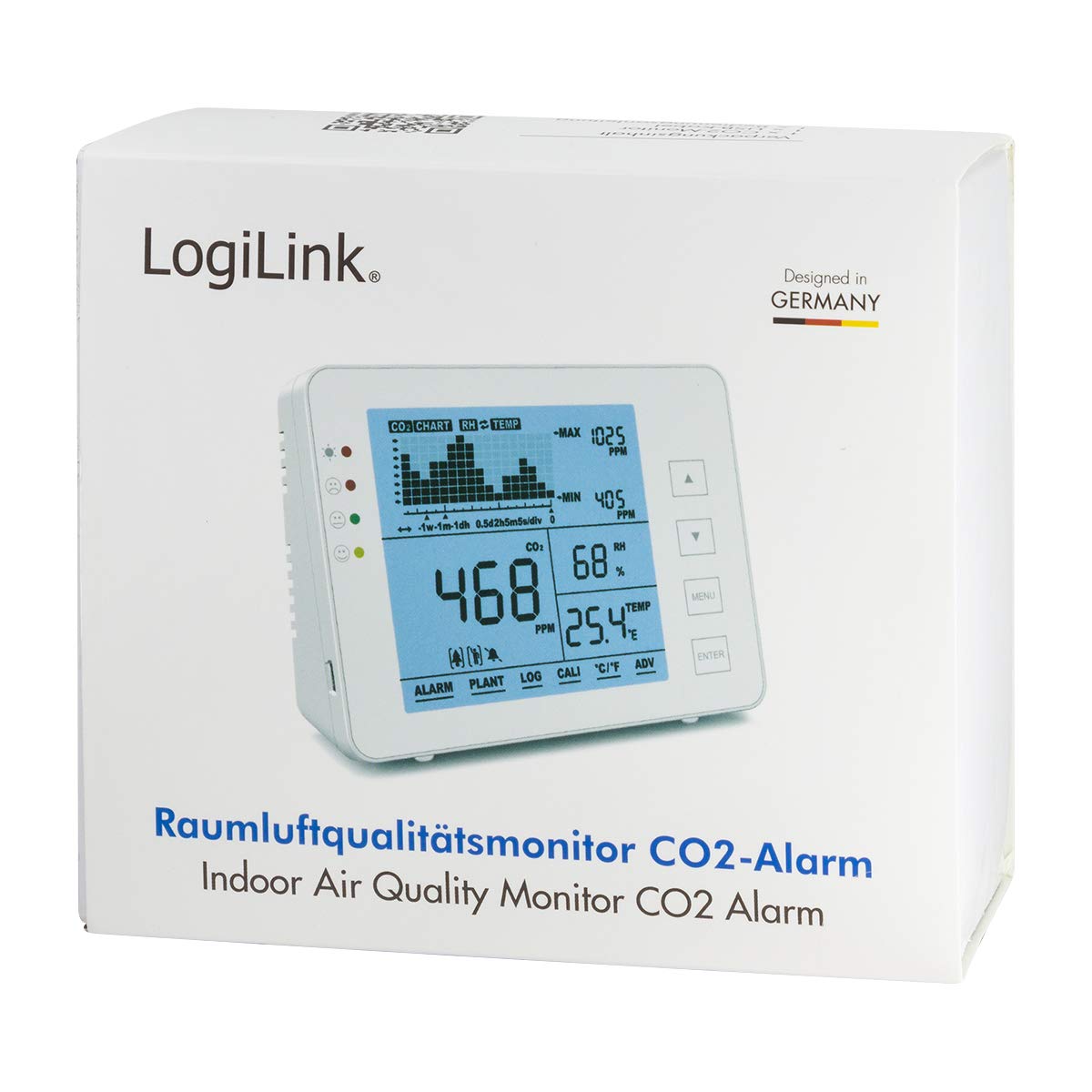 LogiLink SC0115 CO2-Messgerät Ampel 5000 ppm Bereich Alarm Temperatur Luftfeuchtigkeitsanzeige weiß