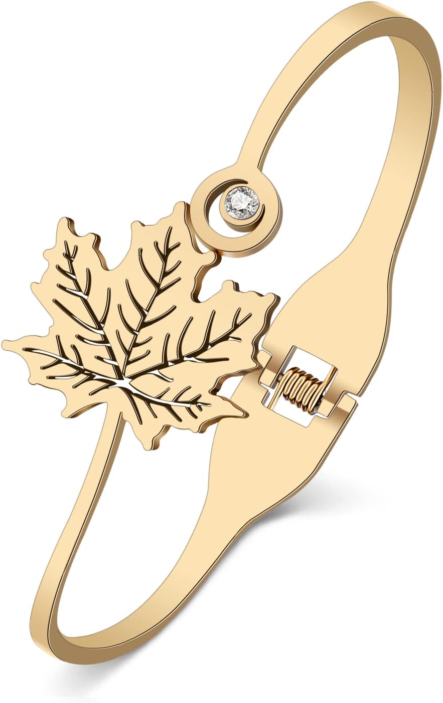 Stainless Steel Rhinestone Fall Maple Leaves Bangle Cuff Bracelets Jungle Palm Leaves Jewelry For Women Plants Lovers Gifts