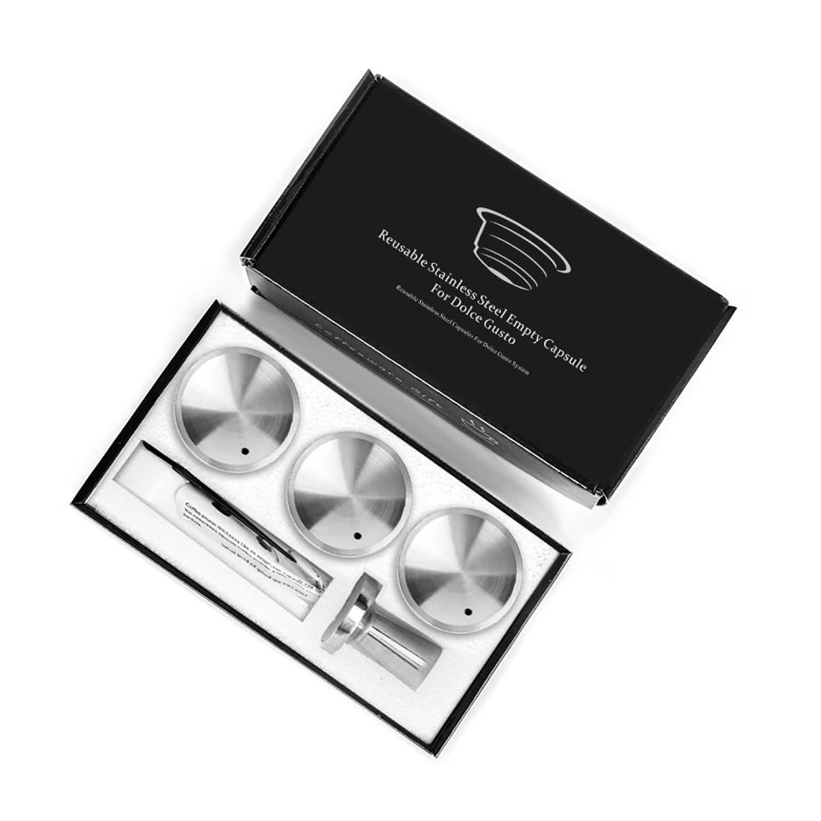 Cápsula de metal rellenable, cápsula reutilizable for filtros de acero inoxidable, gotero.(3 Capsules 1 Tamper)