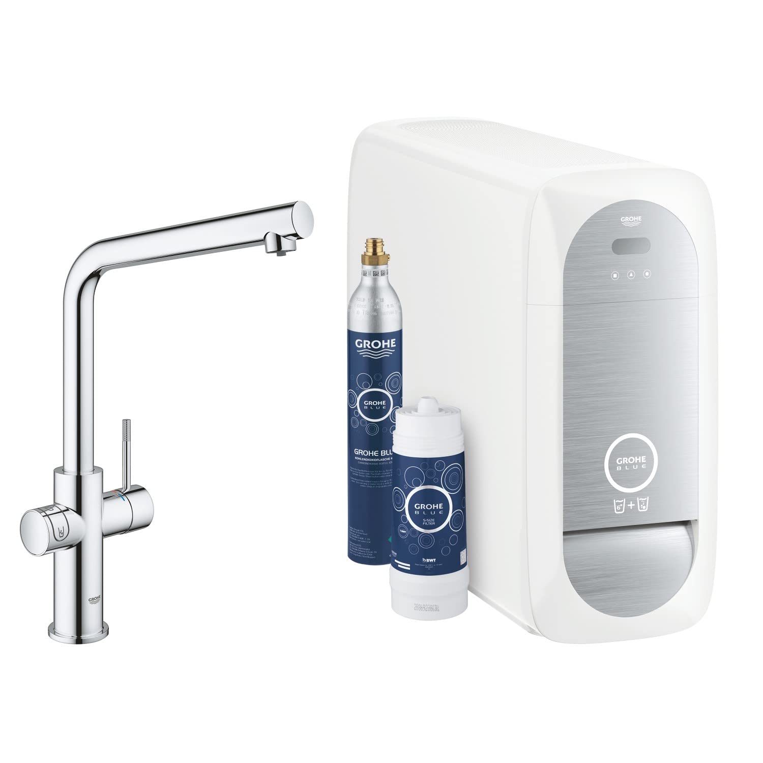 GROHEBlue Home Duo Starter Kit - Kitchen Mixer Tap for Filtered, Chilled and Sparkling Water (Includes Cooler Unit, Filter and Co2 Carbonization Bottle) High Swivel L-Spout, Chrome 31454001