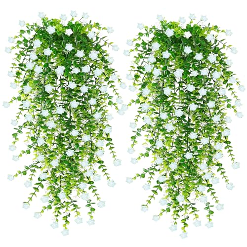 SOMYTING 6PCS Artificial Hanging Flowers,UV-Resistant Fake Hanging Plants Flower Bouquet Artificial Flowers for Garden Wall Fence Wedding Balcony Outdoor Inside Home Door Decoration (White)