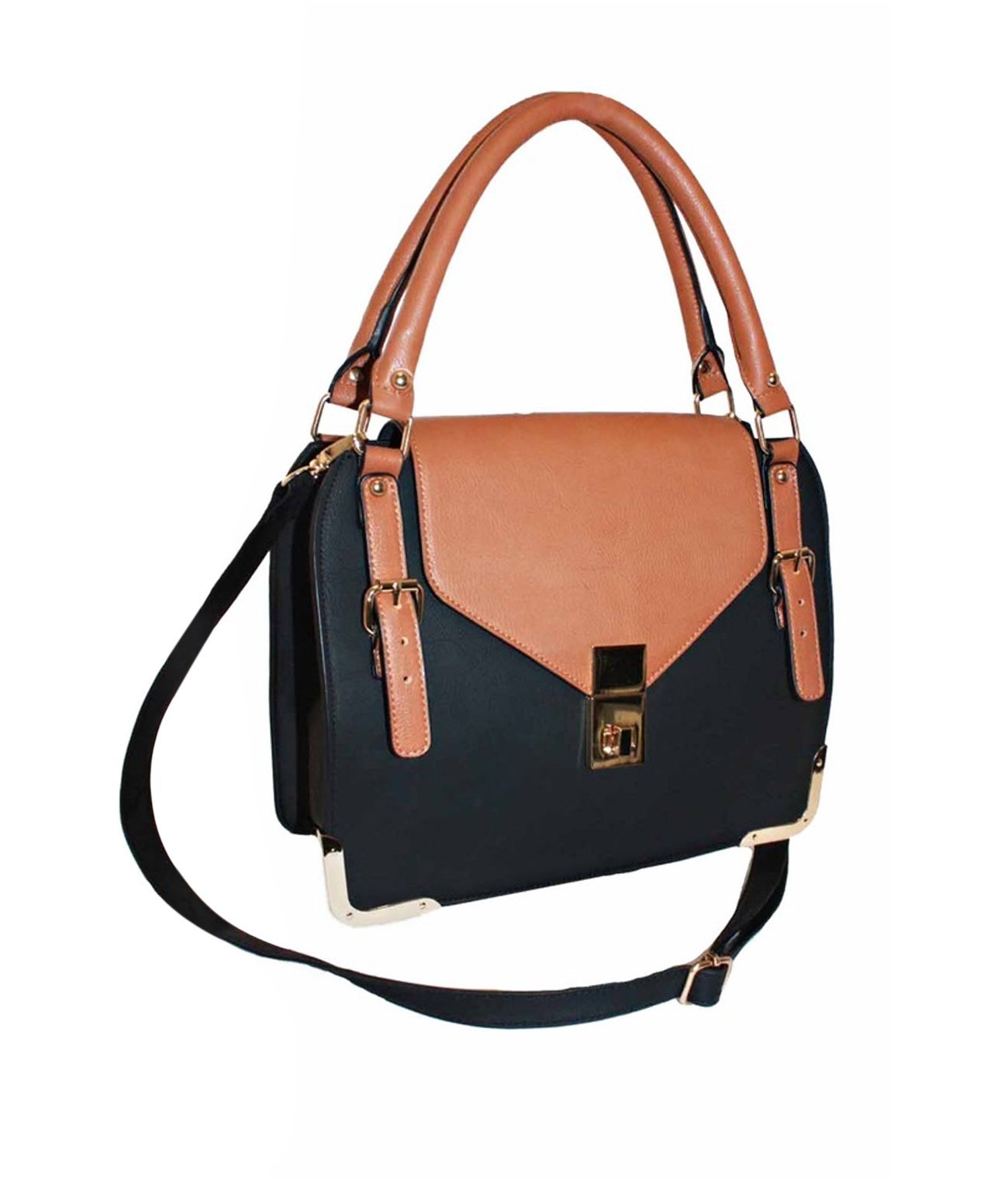 Eye Catch - Womens Faux Leather Messenger Bags Ladies Satchel Handbag Tan Black