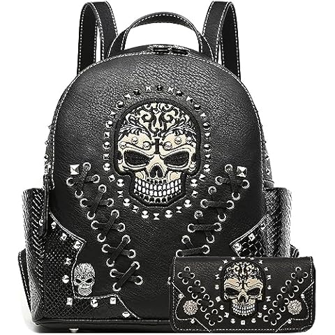 Cowgirl Trendy Sugar Skull Punk Art Rivet Stud Biker Purse Women Fashion Backpack Python Daypack Shoulder Bag Wallet Set (Black Set), Large Cover