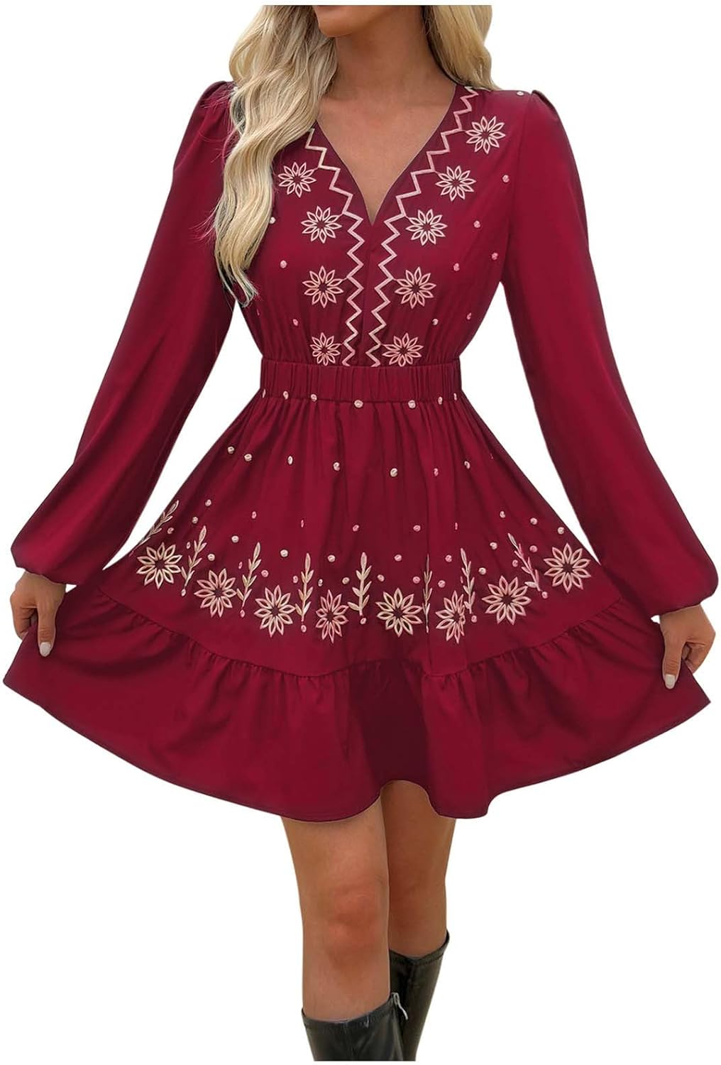 Womens Long Sleeve Dress Dressy V Neck Snowflake Boho Floral Embroidery Smocked High Waist A Line Flowy Mini Dresses