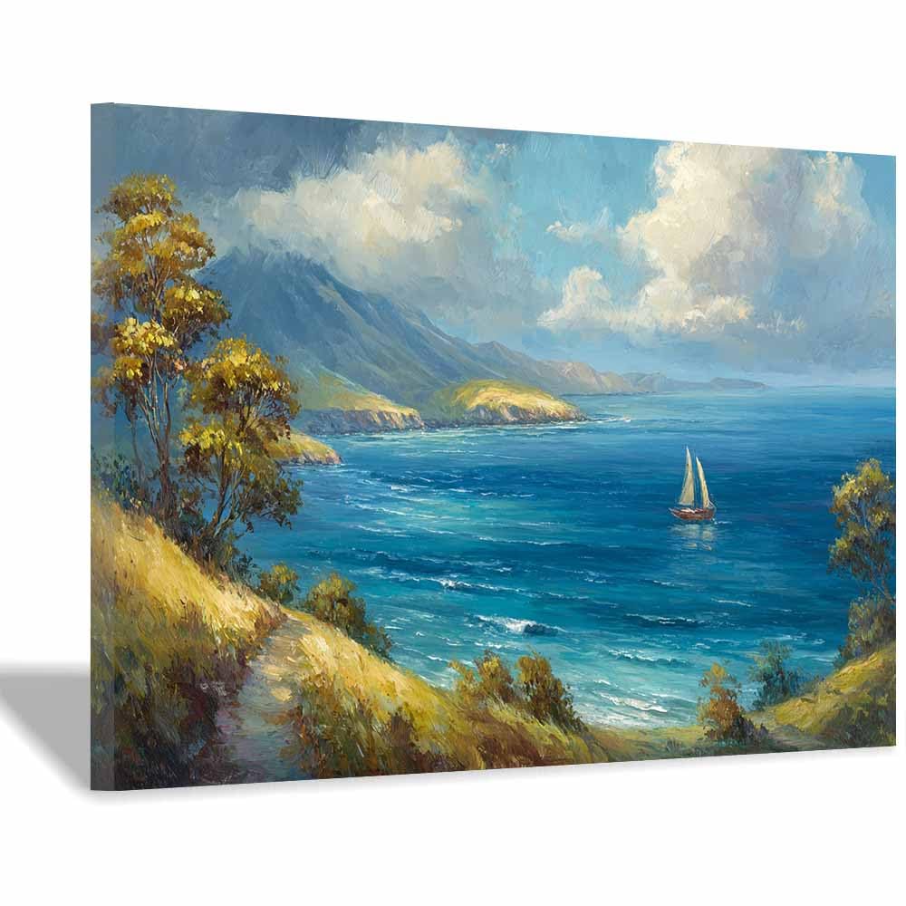 HOQIU Canvas Wall Art Coastsal Mountain SailBoats canvas art, art print, house decor, bedroom wall decor above bed, prints for living room.(Multicolor)-70x100cm Framed