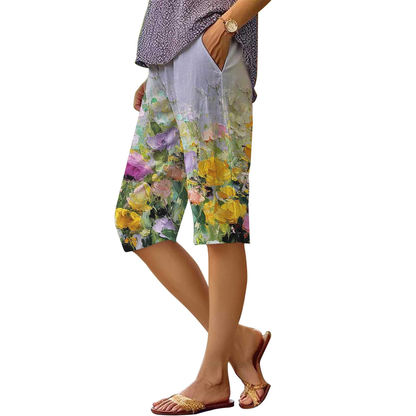 Cokene Womens Bermuda Shorts Boho Oil Painting Floral Print Shorts Loose Drawstring High Waist Dressy Knee Length Trousers